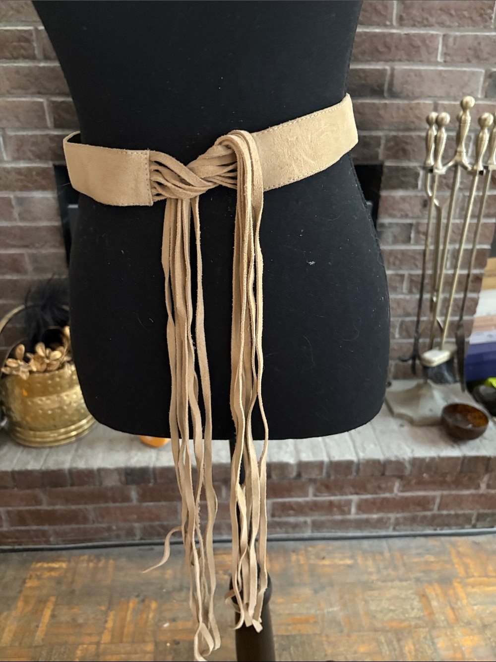 Suede Tie-Front Fringe Waist Belt — Tan